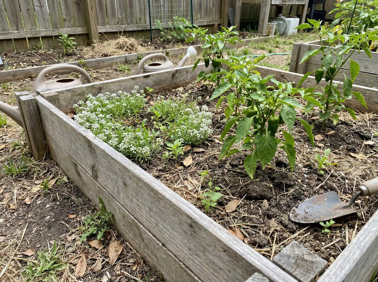 Sweet Alyssum and Pepper Plants