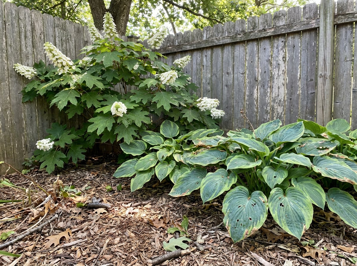 Hostas + Oakleaf Hydrangea