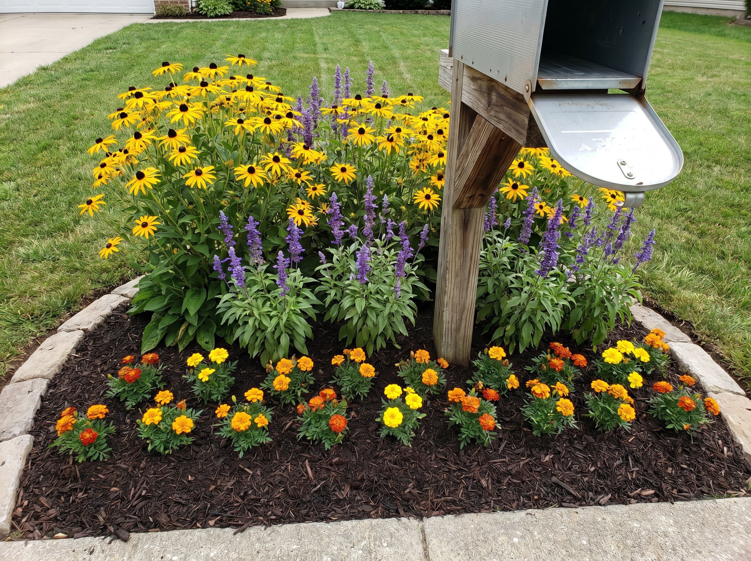 Bright Summer Color Combo (Black-eyed Susans, perennial salvia, and marigolds)