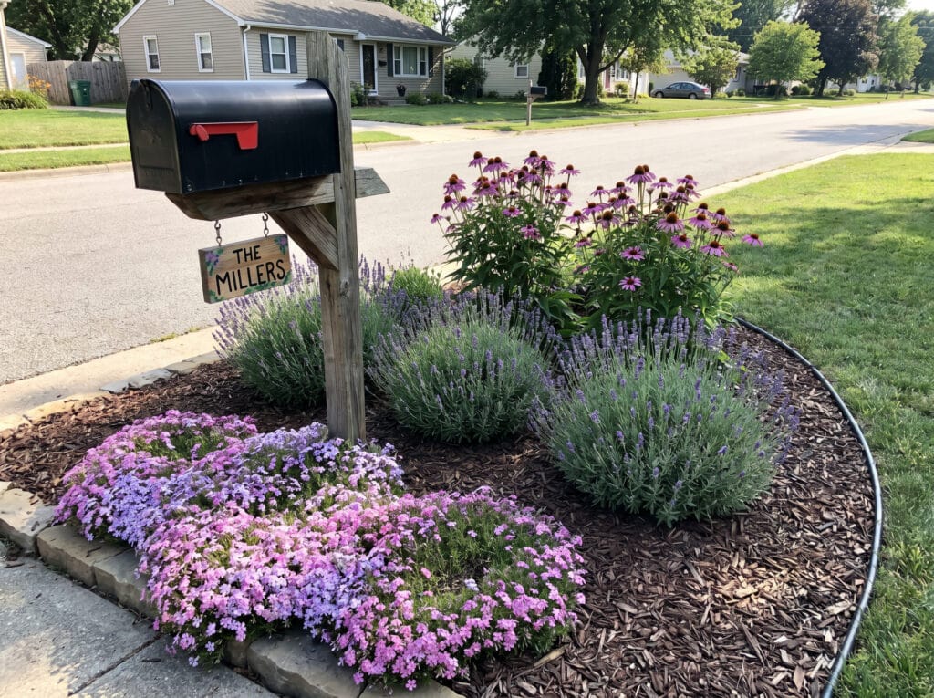 Cottage-Style Mailbox Combo (Lavender, creeping phlox, and coneflowers)
