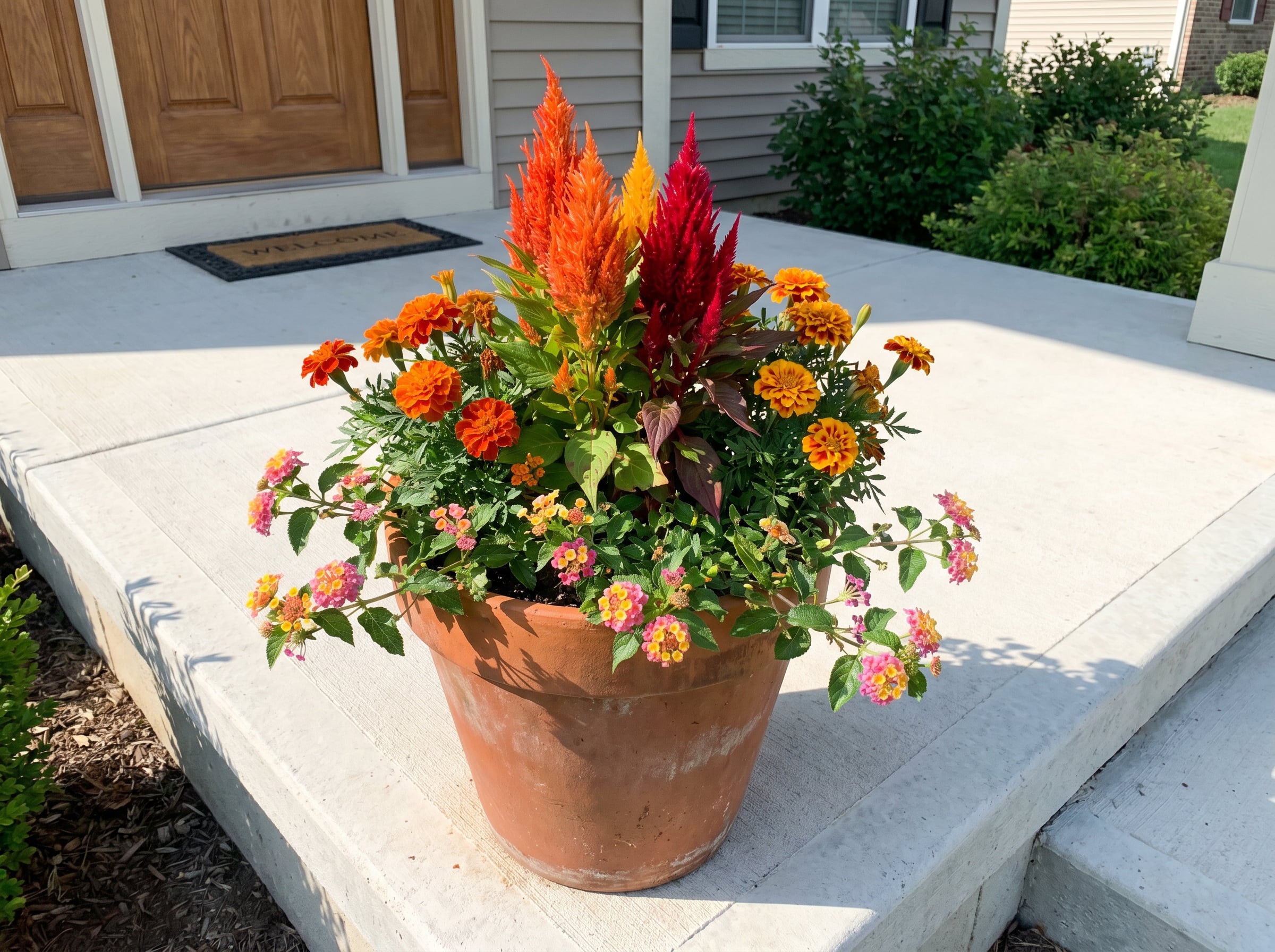 celosia, marigolds, and lantana