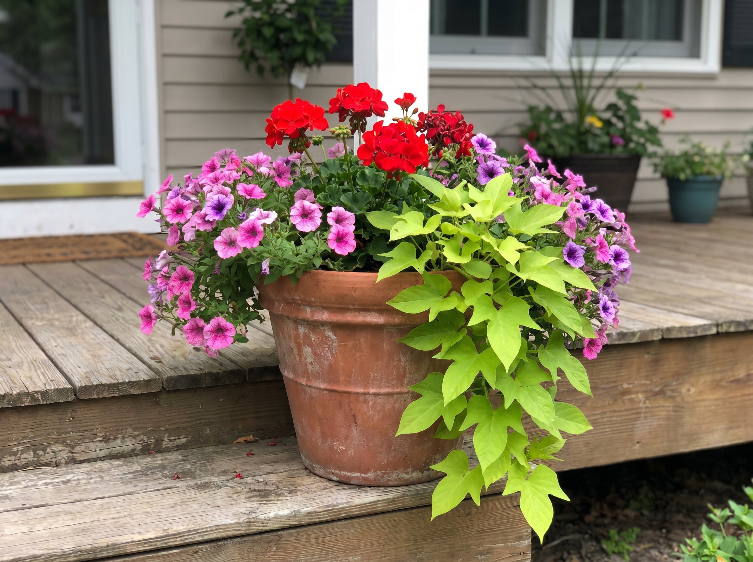 Geraniums, petunias, and sweet potato vine