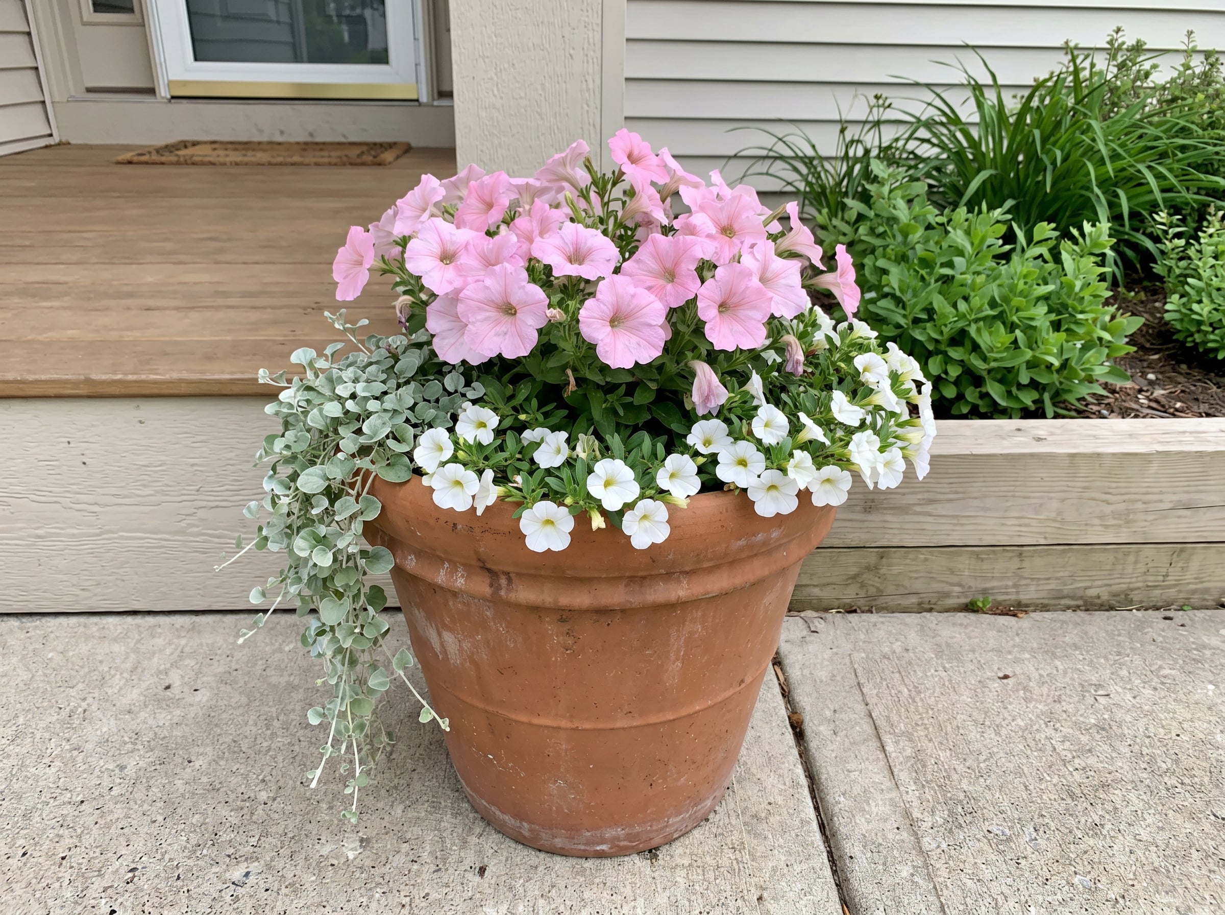 pink petunias, white calibrachoa, and silver dichondra