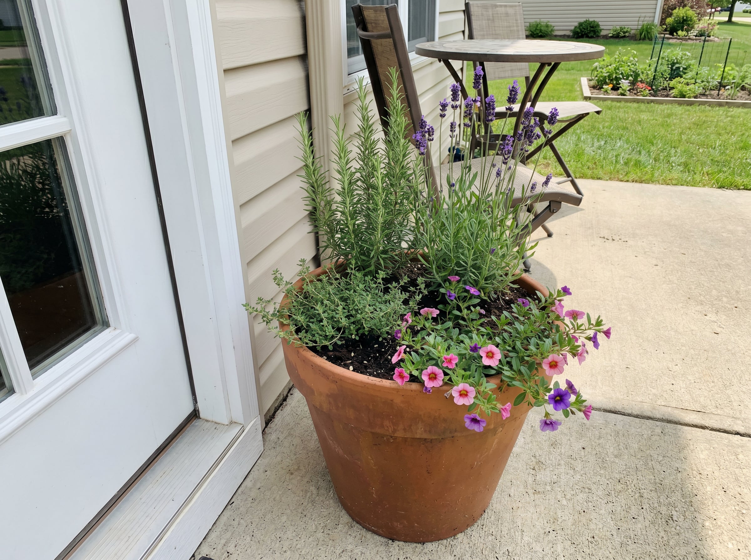 rosemary, lavender, thyme, and calibrachoa