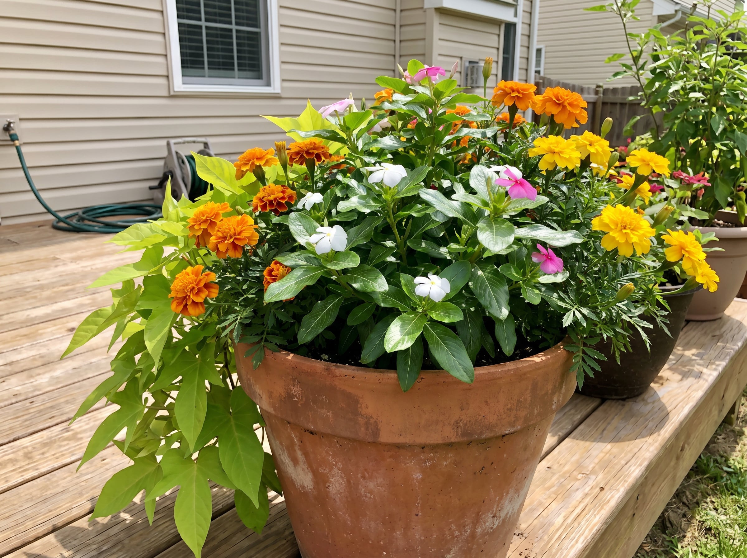 Vinca, marigolds, and sweet potato vine