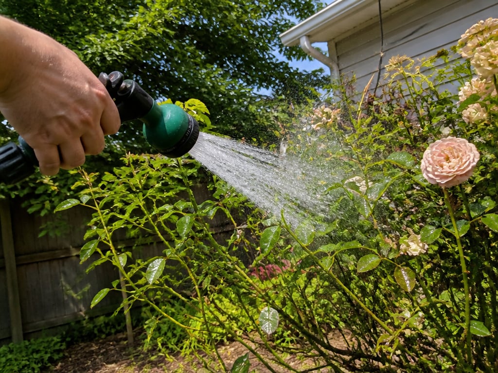 Spraying rose leaves to remove pests